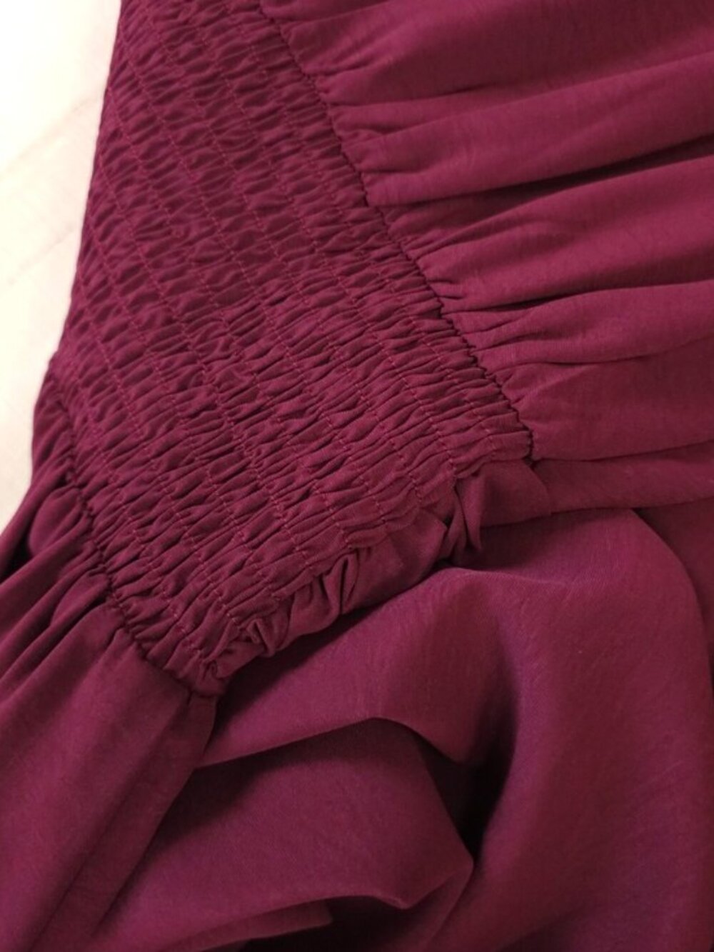 NEW Chic Ruched Waist Lantern Sleeve Dress Burgundy Red - Picture 10 of 11
